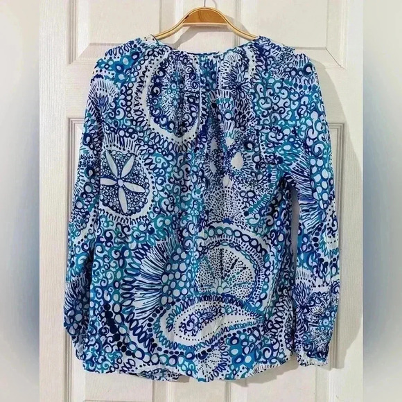 Lilly Pulitzer Willa Blouse Top Womens White Blue Long Sleeve Sea Shells Rayon S - Picture 3 of 8